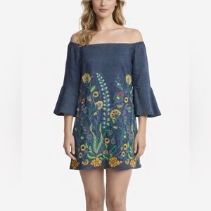 Alice + Olivia Blue Floral Embroidered Boho Spring Designer Casual Mini Dress S